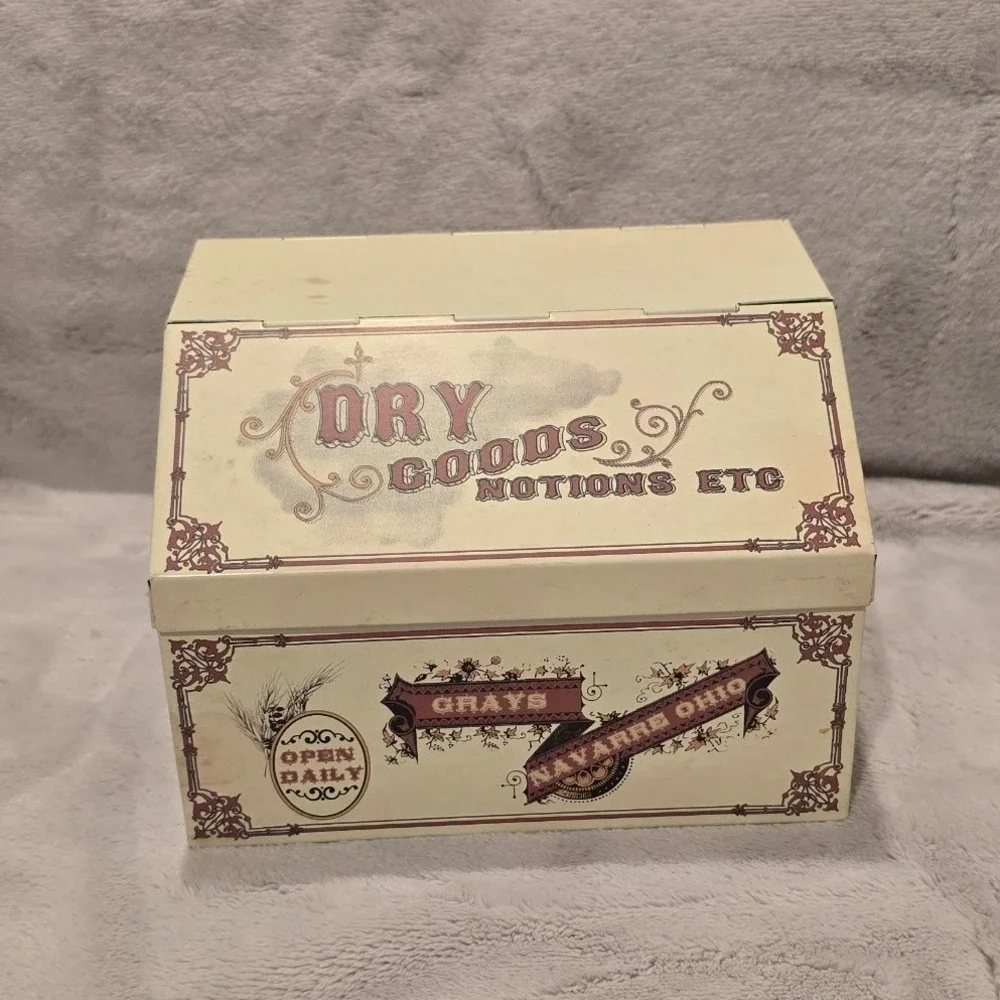 Vintage Style Dry Goods Notions Metal Storage Tin Slanted Lid Navarre Ohio Decor